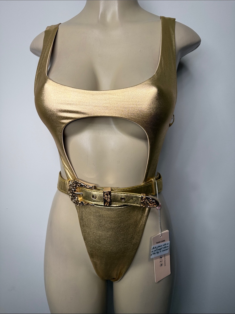 Oh Polly Metallic Gold Cutout Belted Bodysuit